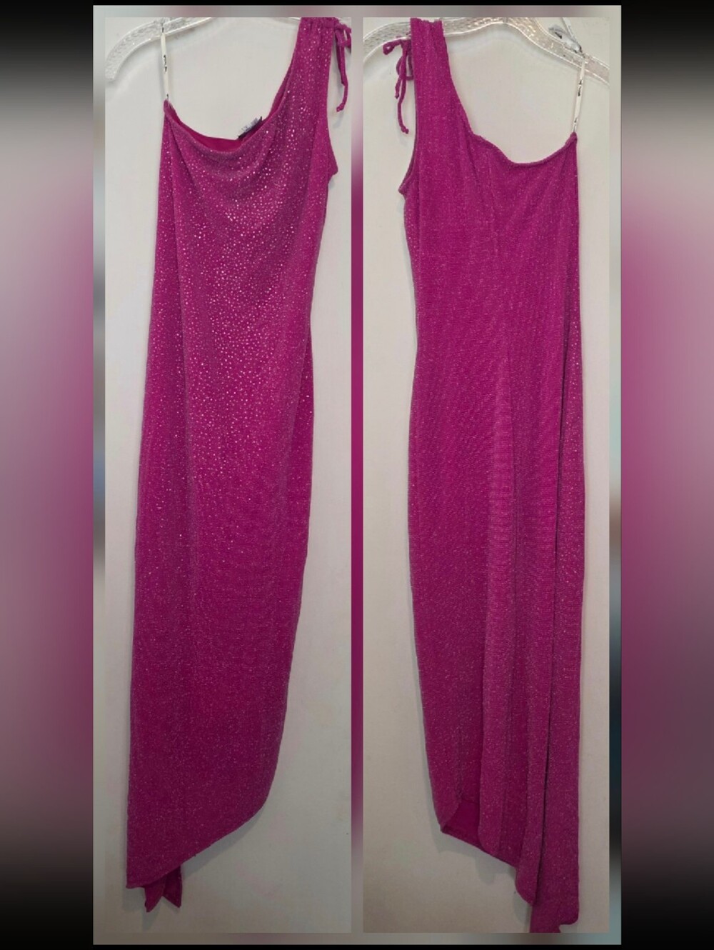 Y2k My Michelle Pink Glitter Knit Cowl Neck Asym Sheath Long Dress Sleeveless S
